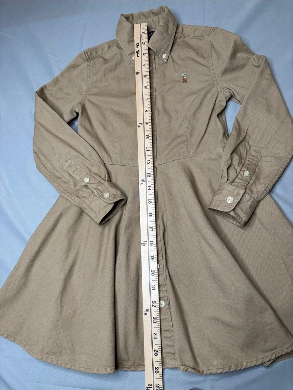 Polo Ralph Lauren Tan Khaki Button-Front Shirt Flare Dress Pony Pockets Size 7